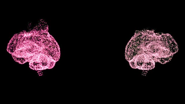 Abstract video to show a difference between healthy brain and one with some desease, holograms rotating in space.