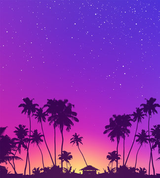 Violet starry sky and palm trees dark silhouettes vector tropic sunset background