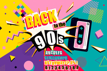 Colourful back to the 90s poster design with burst effect, old audio cassette tape, alphabet and numbers on a vivid geometric background, vector illustration - obrazy, fototapety, plakaty