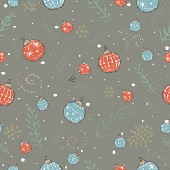 Winter Seamless Pattern with festive ornaments and branches of spruce tree on subtle background.