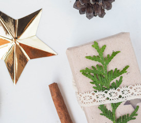 Christmas composition of spruce branches and stars