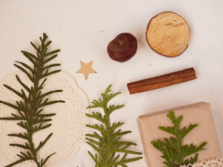 Fototapeta na wymiar Christmas composition of spruce branches and stars