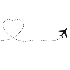 Airplane path. Plane  travel heart route. heart path vector icon