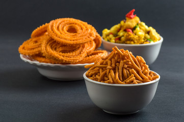 Indian Snack : Chakli, chakali or Murukku and Besan (Gram flour) Sev and chivada or chiwada. Diwali Food