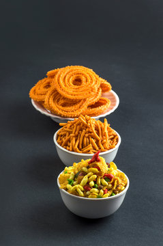 Indian Snack : Chakli, chakali or Murukku and Besan (Gram flour) Sev and chivada or chiwada. Diwali Food