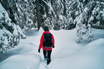 cute young caucasian woman spending her free time hiking outdoors in nature, covered with snow. Making a fresh path in newly covered snow. 