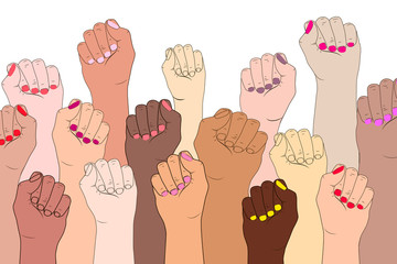 Female hands on a white background. A symbol of the feminist movement, struggle and resistance. Vector illustration concept of International women feminism. Female fingers with manicure isolated. - obrazy, fototapety, plakaty