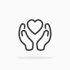 Heart in hand icon in line style. Editable stroke.