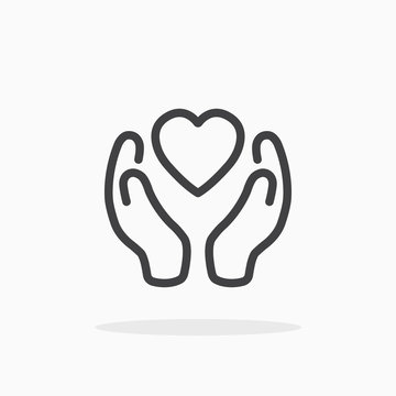 Heart in hand icon in line style. Editable stroke.
