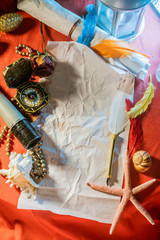 old quill pen on the old scroll paper. Historical atmosphere. Empty   place for a text