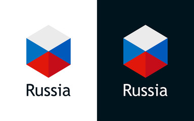 Russia flag in flat minimalism style on white and black, Vector Logo for Travel, Sport or Elections decoration. Creative illustration with caption fit into national design.