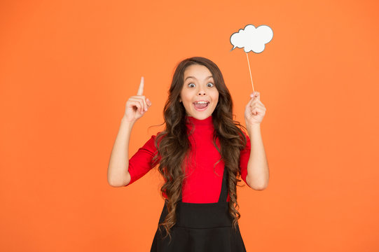 gotan idea. make a decision. inspiration and idea. smart child with party cloud. pretty thoughtful kid long curly hair. intelligence concept. whats on your mind. think of fashion. soar in the clouds