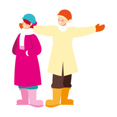 couple of people standing with winter clothes on white background