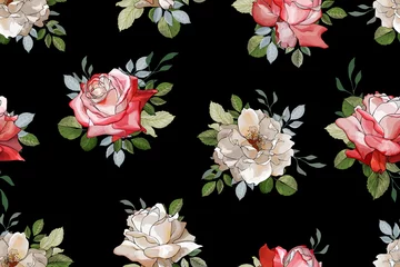 Gardinen Floral seamless pattern with flowers white and red rose and green leaves on black background. Hand drawn. For textile, wallpapers, print, greeting. Watercolor style. Vector stock illustration. © Irina