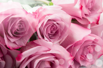 Fototapeta na wymiar Flower arrangement - a bouquet of pink roses on table close up