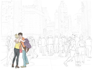 Hand drawn illustration. Friends hug as they greet each other downtown Chicago, with a crowd and skyscrapers all around.