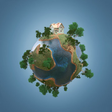 private house on small planet in summer