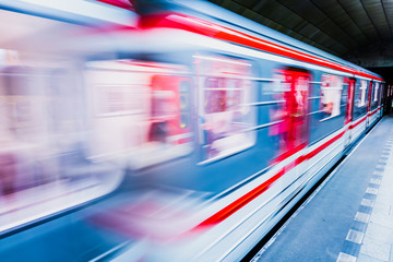 Metro transit vehicle in motion in Prague, Czech Republic