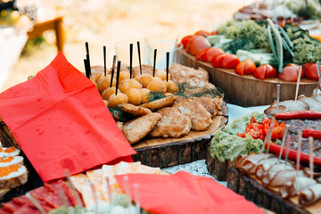Beautifully decorated catering banquet table with different food snacks and appetizers on corporate christmas birthday party event or wedding celebration.