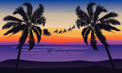 Fototapeta na wymiar Santa claus flying palm landscape, vector art illustration.
