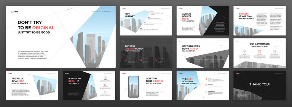 Powerpoint presentation templates set for construction. Use for modern keynote presentation brochure design, website slider, landing page, annual report, company profile, social media banners.