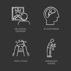 Mental disorder chalk icons set. Delusional person. Schizophrenia. Panic attack. Parkinson disease. Confused mind. Dementia. Tremor in movement. Isolated vector chalkboard illustrations