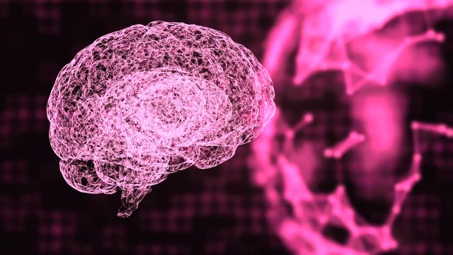 Concept of technologies and intelect. Plexus planet and brain from space dust particles over gridded digital background.