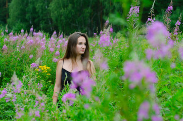 young girl in black dress in a field of flowers