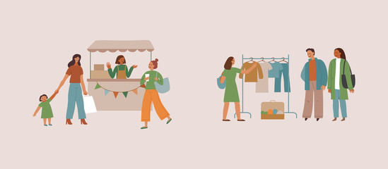 Vector illustration in flat simple style with cartoon characters - flea market poster and banner - people buying and selling second hand clothes and things at street fair