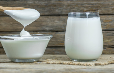 Glass cup of Turkish traditional drink ayran , kefir or buttermilk made from yogurt, homemade...