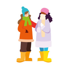 women standing with winter clothes on white background