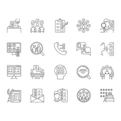 Survey methods linear icons set. Interview. Online, telephone poll. Rating. Public opinion. Customer review. Feedback. Thin line contour symbols. Isolated vector outline illustrations. Editable stroke