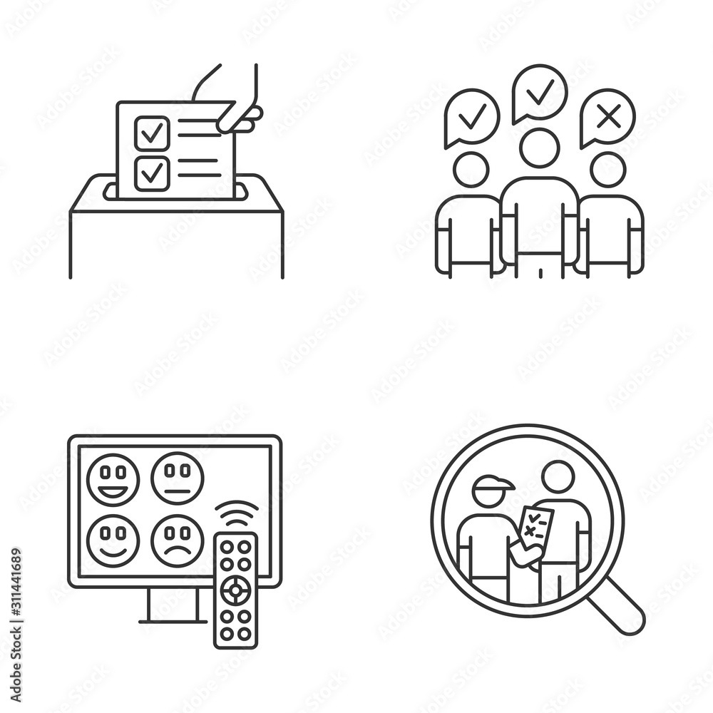 Aufkleber survey methods linear icons set. anonymous poll, tv channel rating. focus group. interview. opinion.
