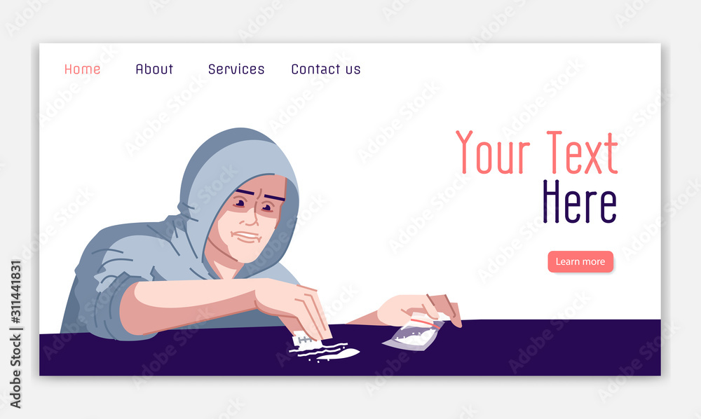 Poster cocaine addiction landing page vector template. use of psychotropic substances danger website interf