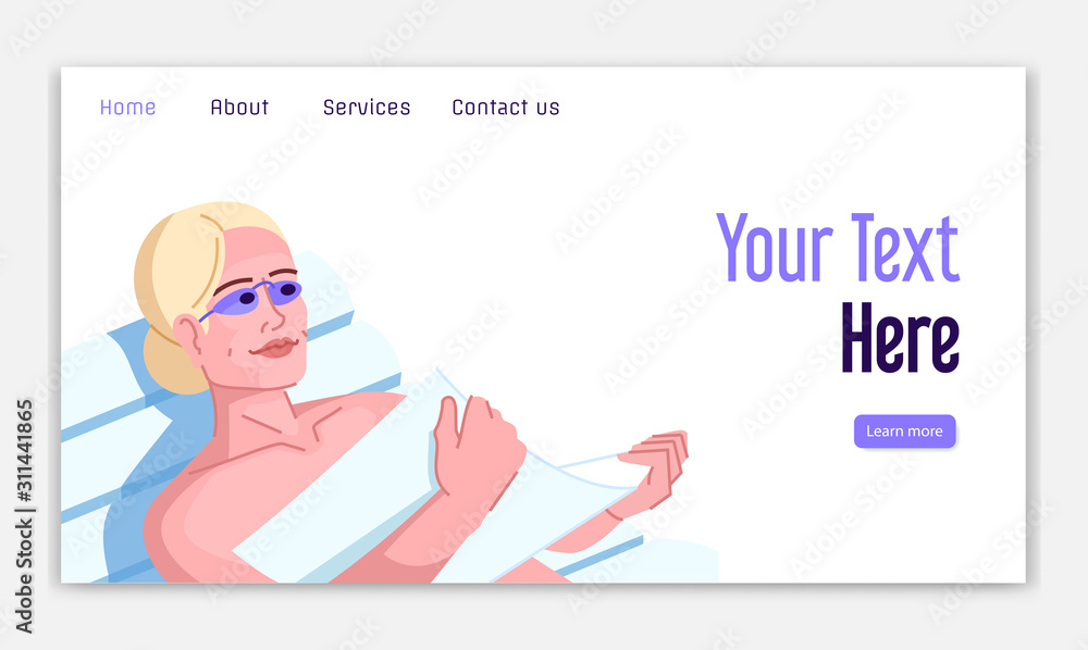 Poster tanning addiction landing page vector template. sunbathing danger website interface idea with flat i