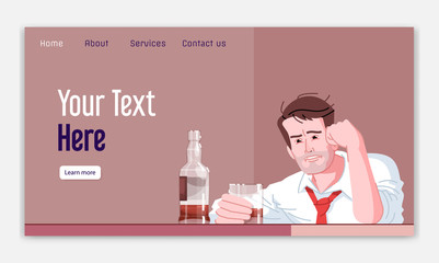 Alcoholic addiction landing page vector template. Alcoholism website interface idea with flat illustrations. Drunkenness homepage layout. Boozing web banner, webpage cartoon concept