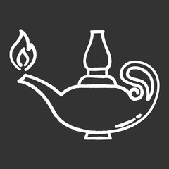Lamp chalk icon. Lit glowing ancient oil lantern. Bible spiritual symbol. Middle Eastern fairytale burning lamp. Arab legend. Christian narrative. Isolated vector chalkboard illustration