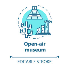 Naklejka premium Open-air museum concept icon. Historical architecture exhibition. Temple ruins and colonnade. Archeological exposition idea thin line illustration. Vector isolated outline drawing. Editable stroke