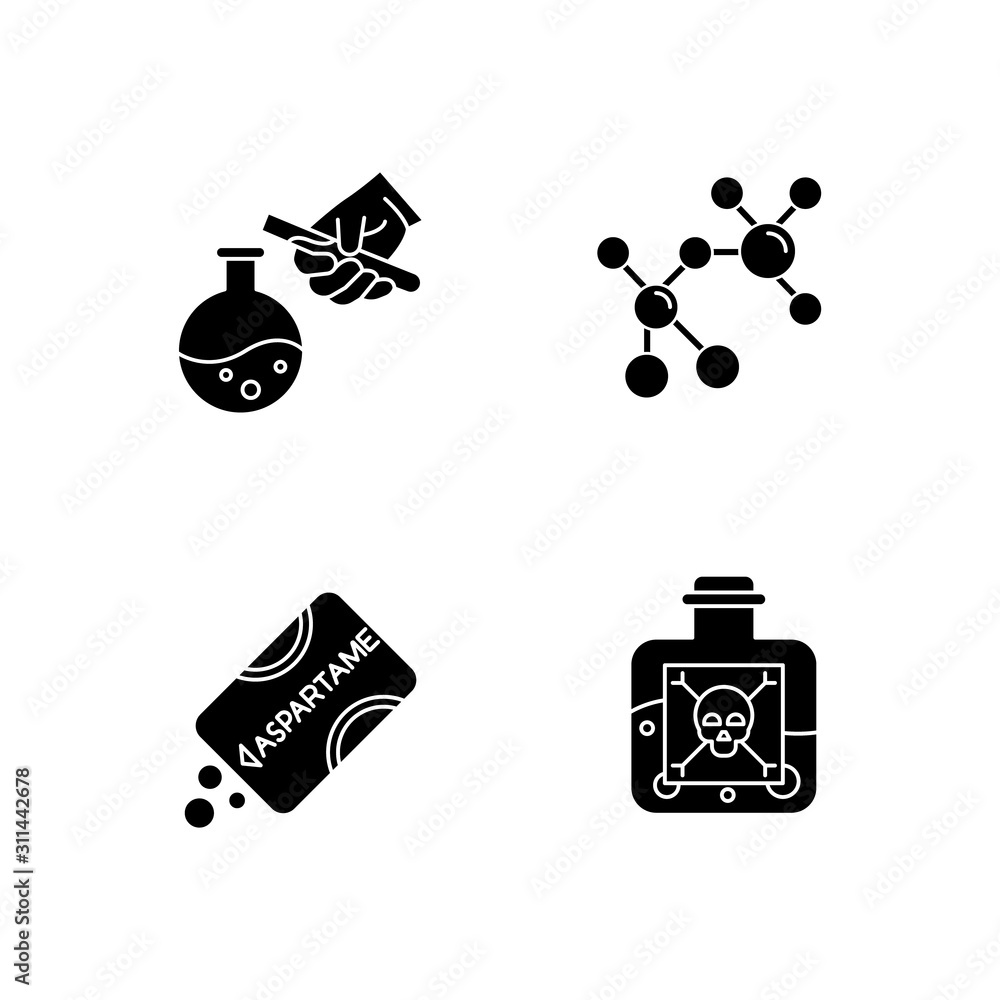 Poster science and nature glyph icons set. biotechnologies products. experiment methodology. working in lab