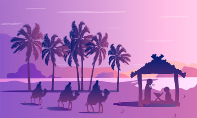 Three kings jesus mary joseph and palm trees, vector art illustration.