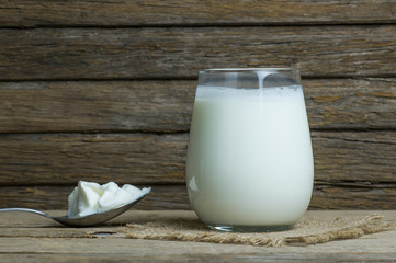Glass cup of Turkish traditional drink ayran , kefir or buttermilk made from yogurt, homemade...
