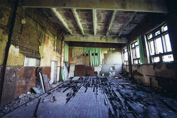 Gym hall in social club for soldiers in Skrunda 1 abandoned Soviet military town and radar station, Latvia