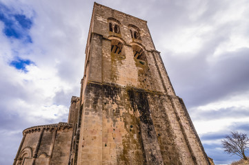Tower of Holy Savior Church in Sepulveda, small town in Segovia region of Spain