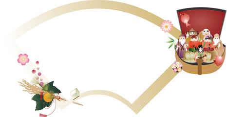 七福神の宝船と縁起物のイラスト白背景扇形メッセージボード素材