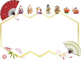 七福神と松竹梅に扇子のイラストキラキラした白色のメッセージボード背景素材