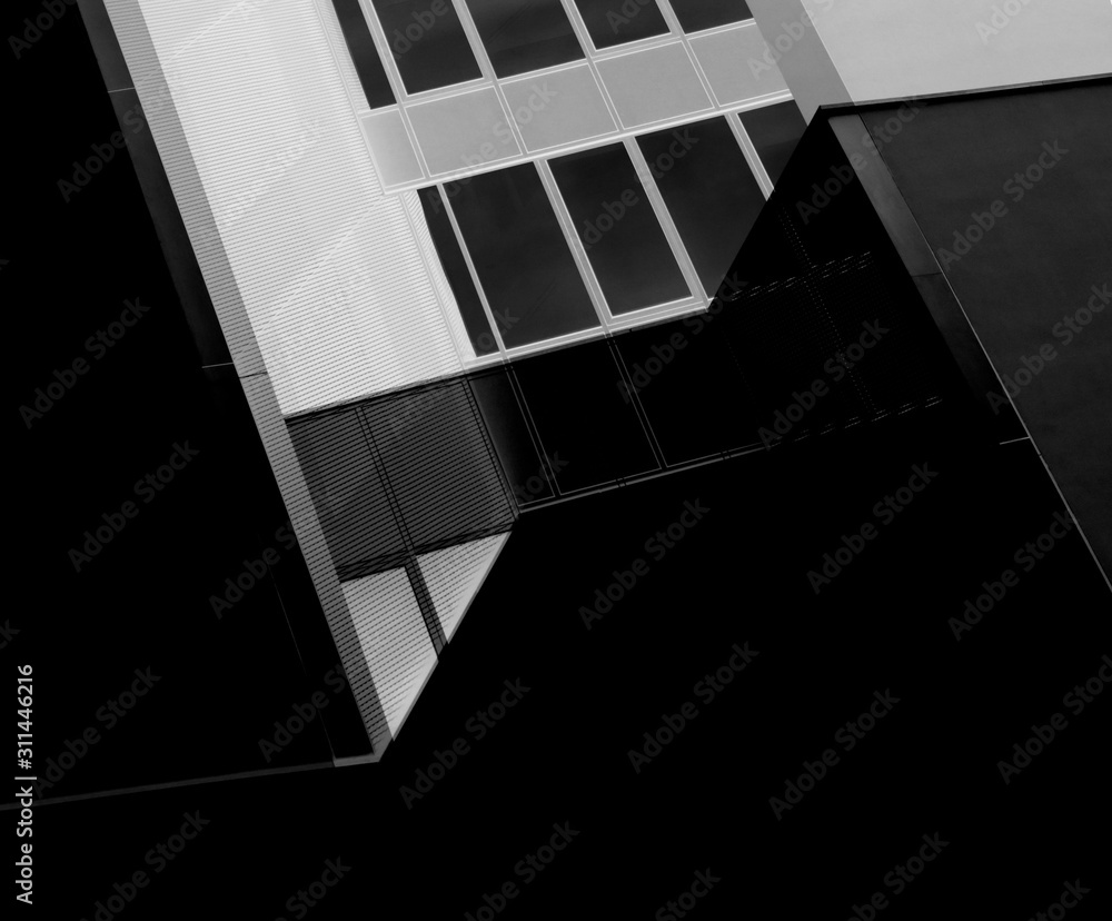 Poster Digitally rendered image of industrial or office building fragments. Glass and metal. Wall panels and windows reflecting the sky. Abstract modern architecture background. Angular geometric structure.