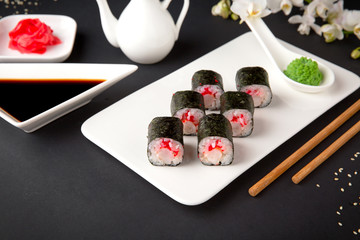Fototapeta na wymiar Maki rolls with royal prawn, cream cheese. Sushi menu. Japanese food. 