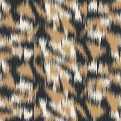 Spliced vector camouflage spots texture. Variegated animal skin background. Seamless camo ikat pattern. Modern distorted mottled textile all over print. Cat leopard fashion disrupted tile repeat.