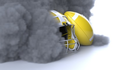 American football White-Yellow helmet and Ball with dark black toned foggy smoke under black-white laser lighting. 3D illustration. 3D high quality rendering.