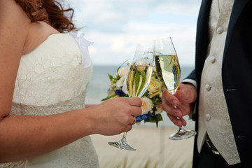 clink glasses by bride and groom